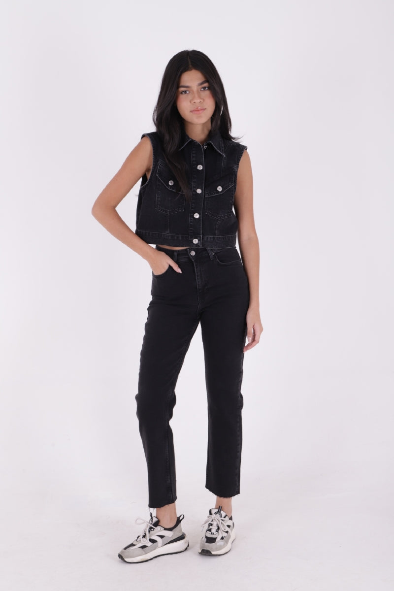 Dikişsiz Paça Mom Fit Kot Pantolon Düz Antrasit