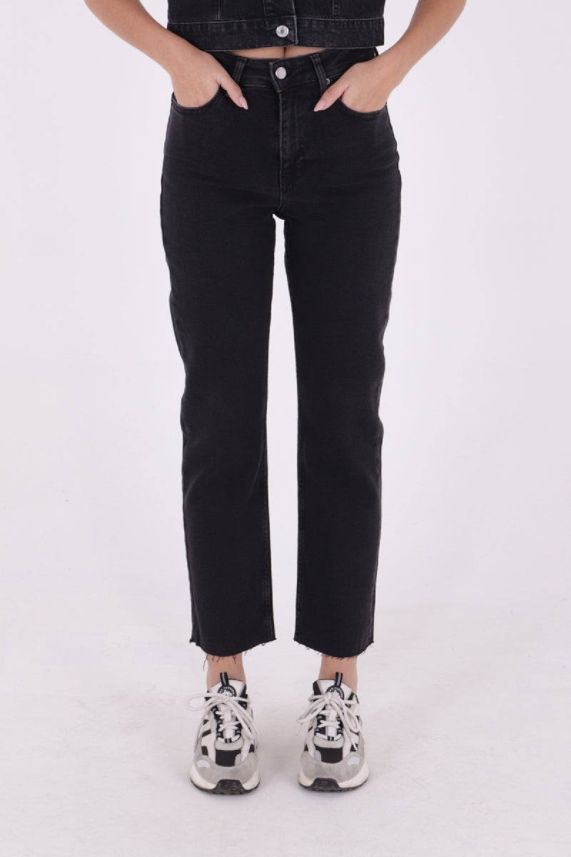 Dikişsiz Paça Mom Fit Kot Pantolon Düz Antrasit