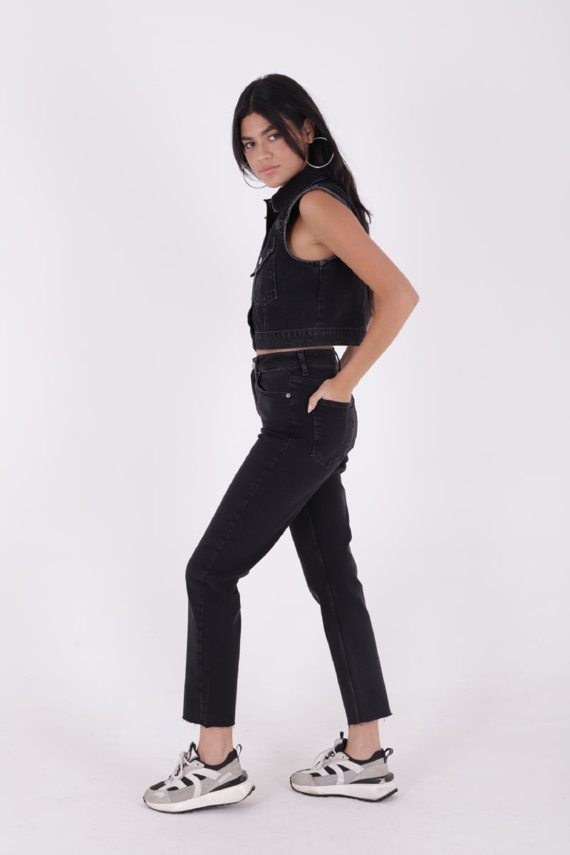 Dikişsiz Paça Mom Fit Kot Pantolon - Düz Antrasit - (32-36) - 5