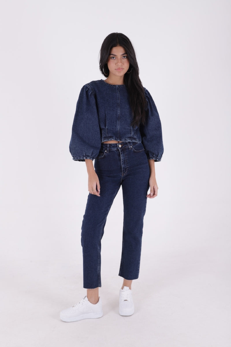 Dikişsiz Paça Mom Fit Kot Pantolon Düz Koyu Rins