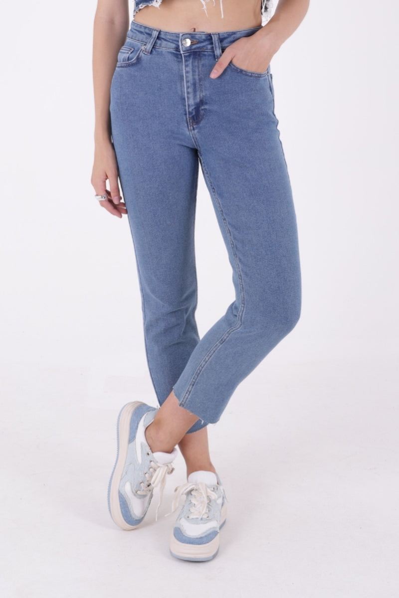 Dikişsiz Paça Mom Fit Kot Pantolon - Düz Orta Mavi Rins - (32-36) - 2