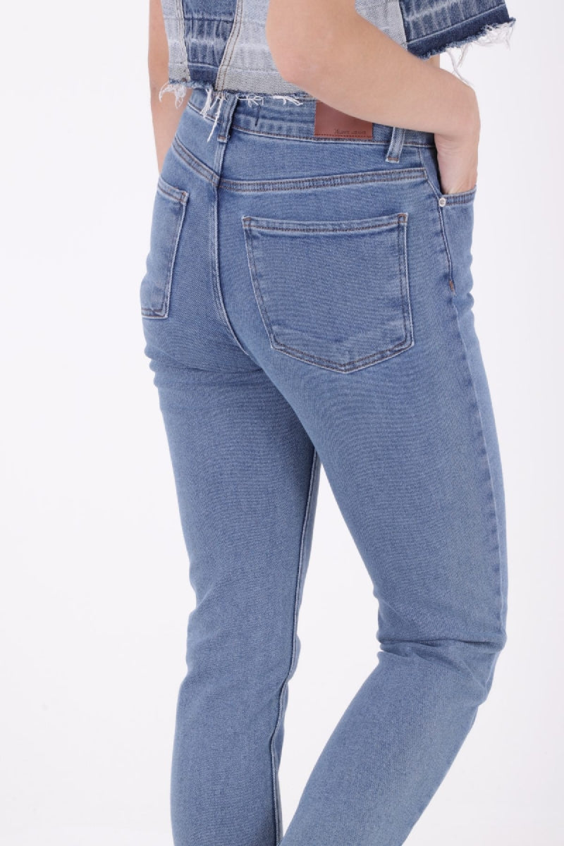 Dikişsiz Paça Mom Fit Kot Pantolon - Düz Orta Mavi Rins - (32-36) - 5