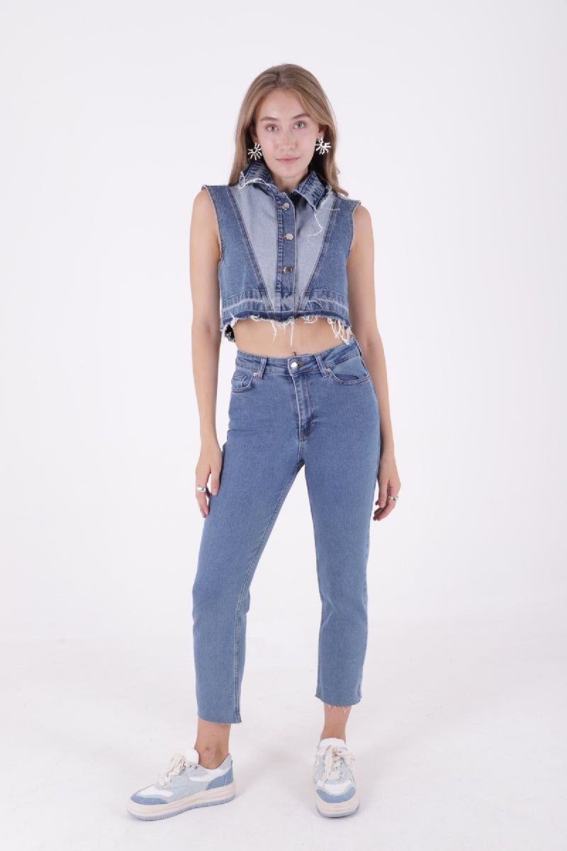 Dikişsiz Paça Mom Fit Kot Pantolon Düz Orta Mavi Rins