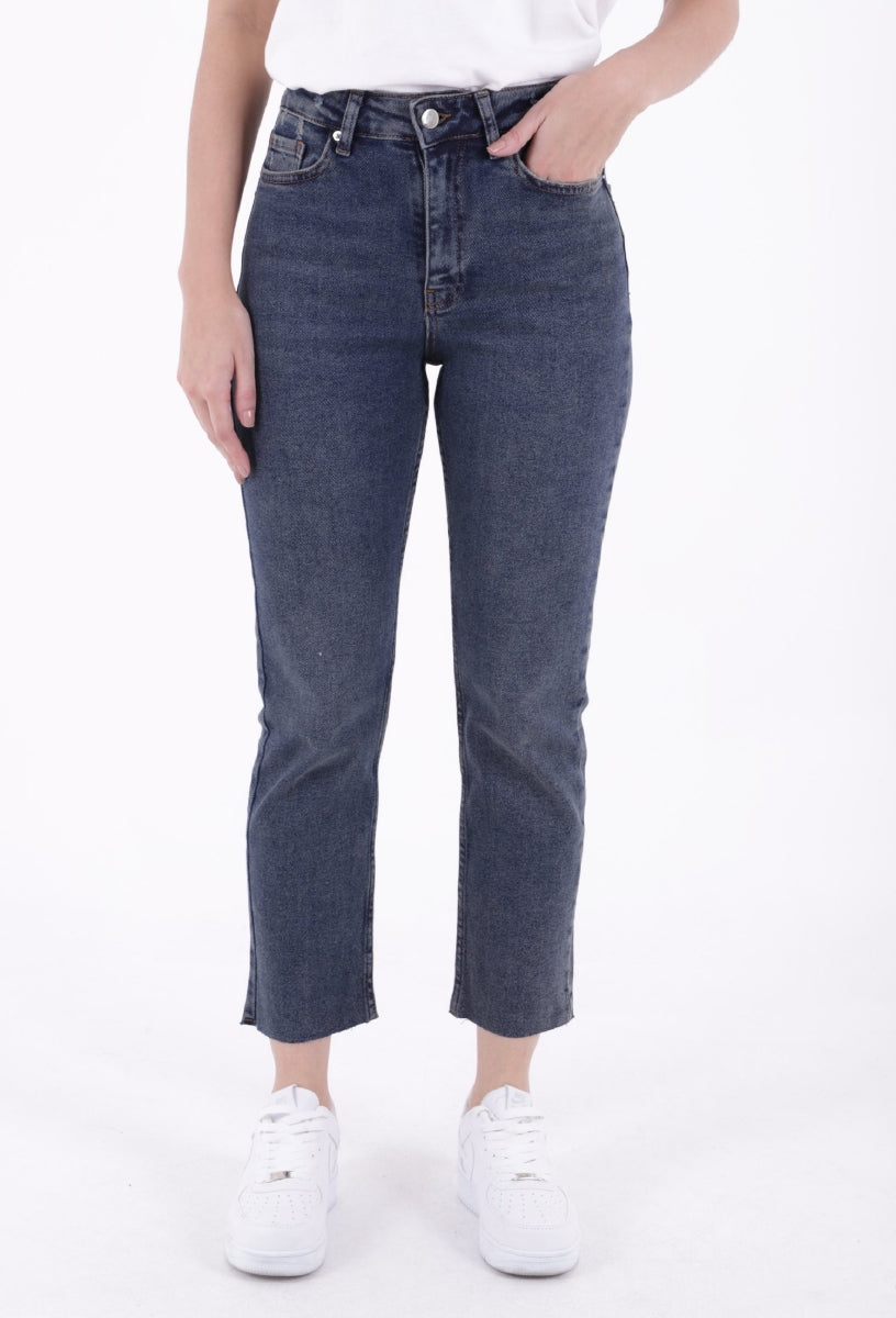 Dikişsiz Paça Mom Fit Kot Pantolon - Koyu Mavi Kar Yıkama Tintli - (26-28) - 2