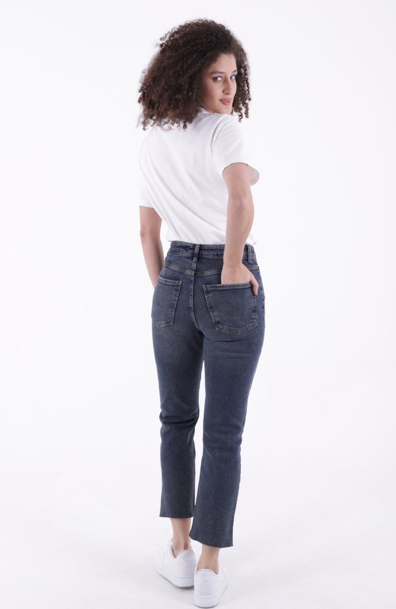 Dikişsiz Paça Mom Fit Kot Pantolon - Koyu Mavi Kar Yıkama Tintli - (26-28) - 3