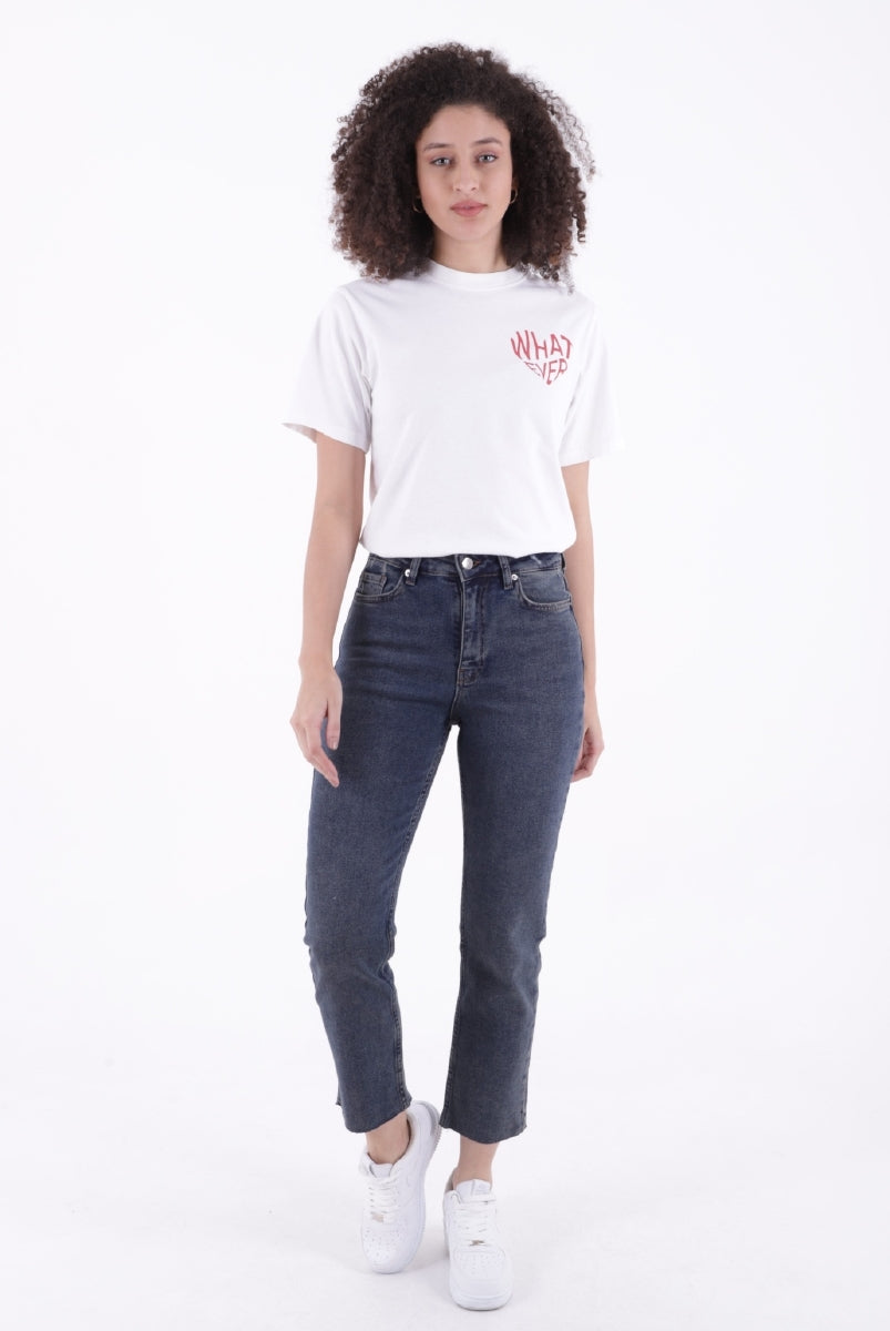 Dikişsiz Paça Mom Fit Kot Pantolon Koyu Mavi Kar Yıkama Tintli