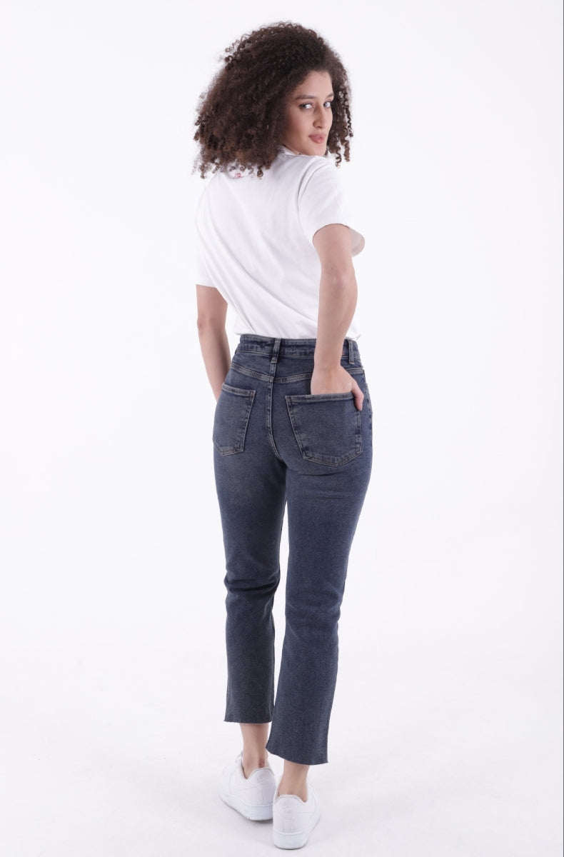 Dikişsiz Paça Mom Fit Kot Pantolon - Koyu Mavi Kar Yıkama Tintli - (26-31) - 3