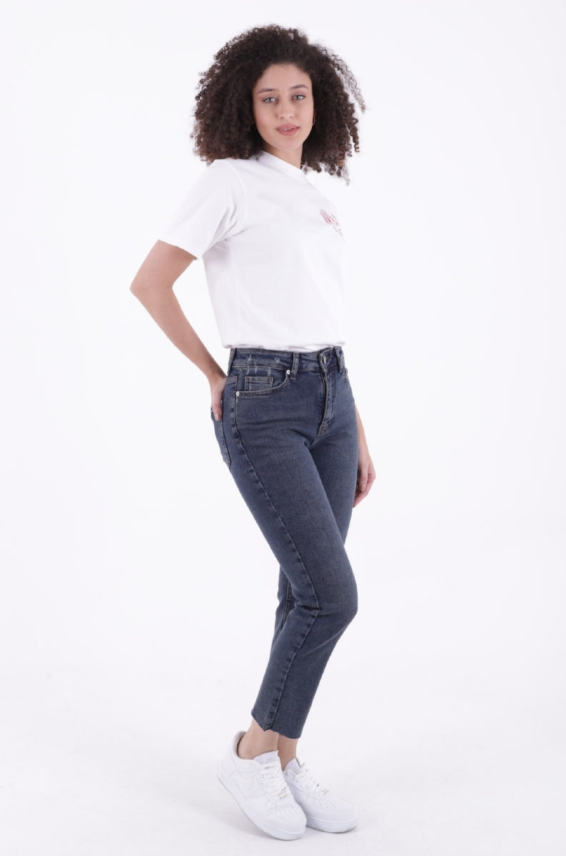 Dikişsiz Paça Mom Fit Kot Pantolon - Koyu Mavi Kar Yıkama Tintli - (26-31) - 4