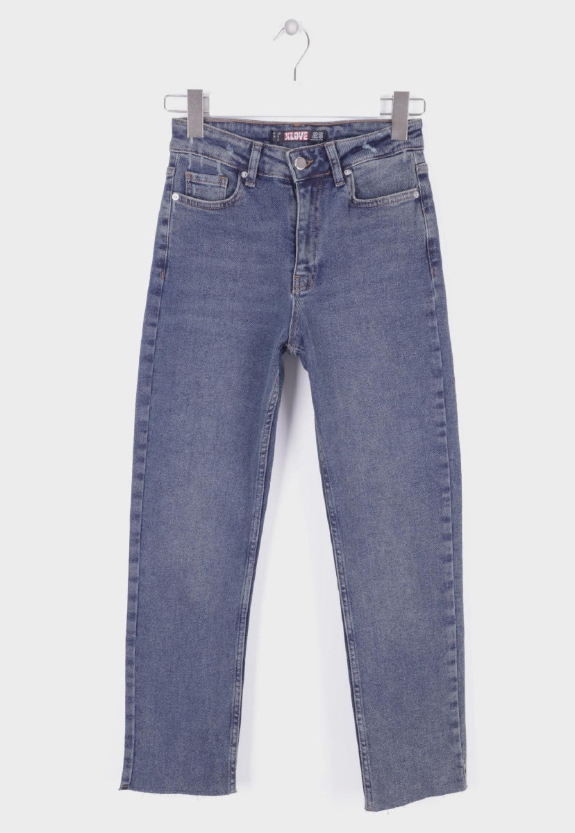 Dikişsiz Paça Mom Fit Kot Pantolon - Koyu Mavi Kar Yıkama Tintli - (26-31) - 6