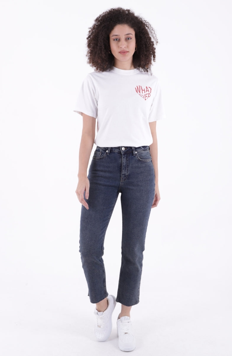 Dikişsiz Paça Mom Fit Kot Pantolon Koyu Mavi Kar Yıkama Tintli