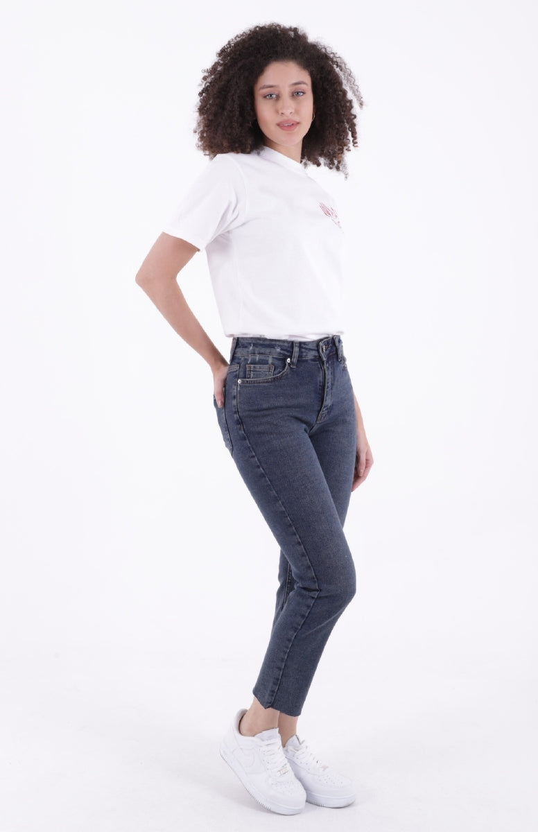 Dikişsiz Paça Mom Fit Kot Pantolon - Koyu Mavi Kar Yıkama Tintli - (28-33) - 4