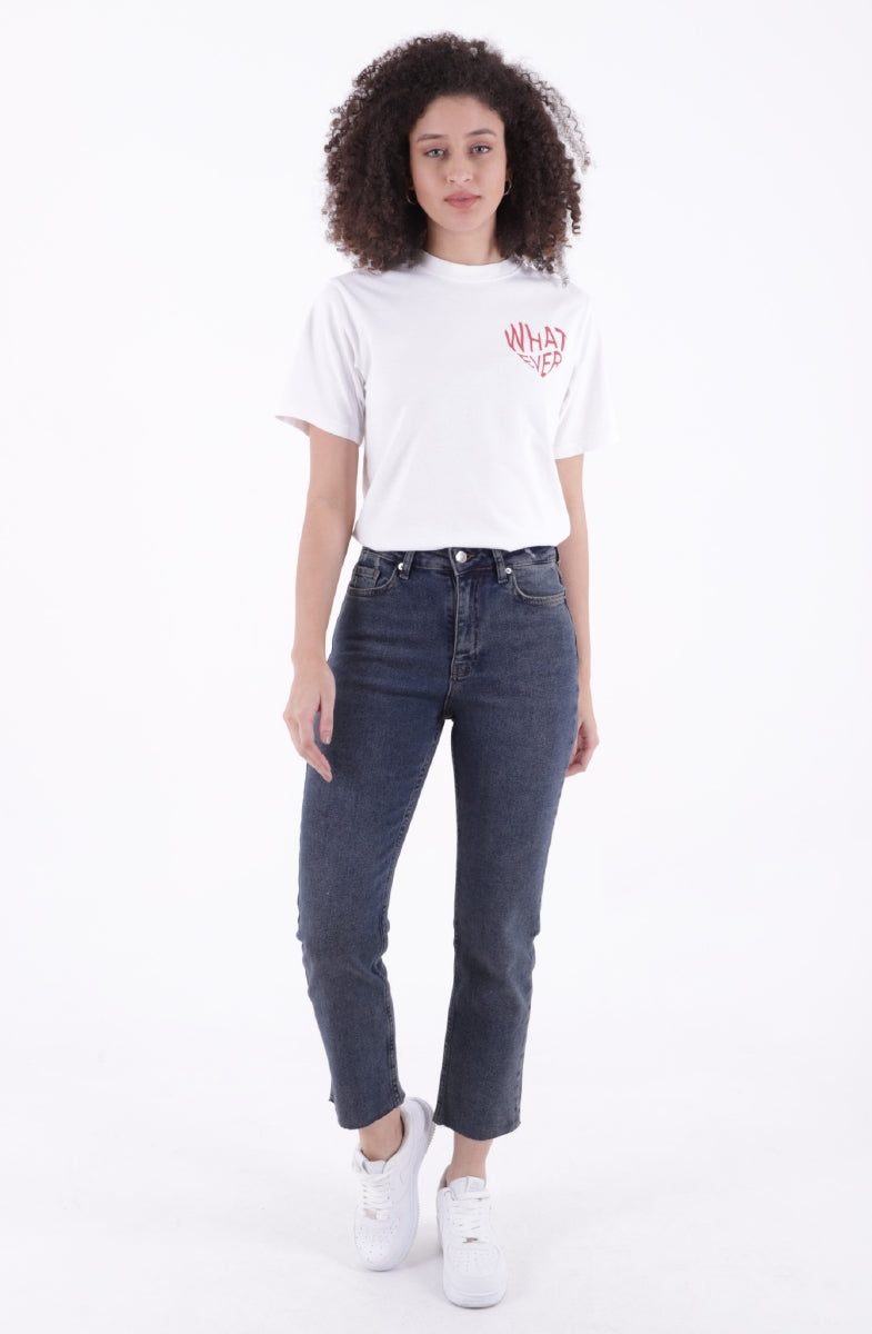 Dikişsiz Paça Mom Fit Kot Pantolon Koyu Mavi Kar Yıkama Tintli