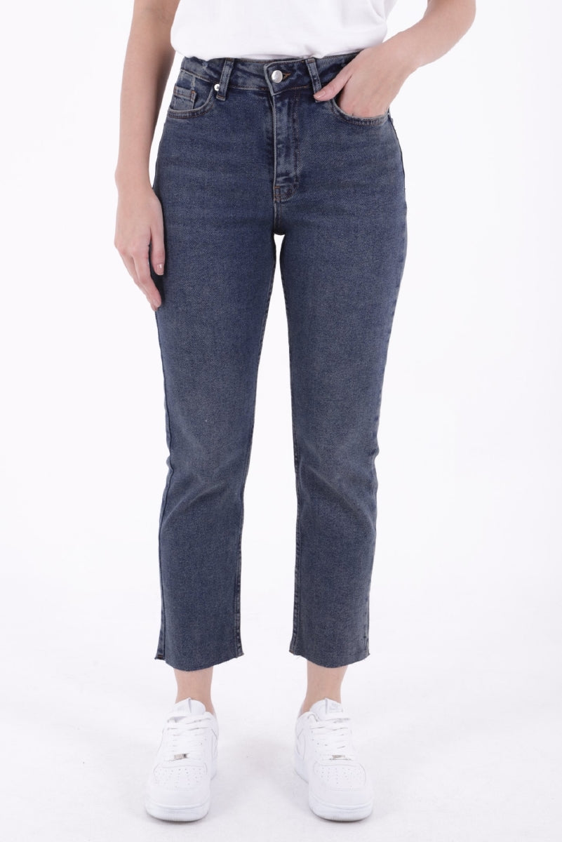 Dikişsiz Paça Mom Fit Kot Pantolon - Koyu Mavi Kar Yıkama Tintli - (32-36) - 2