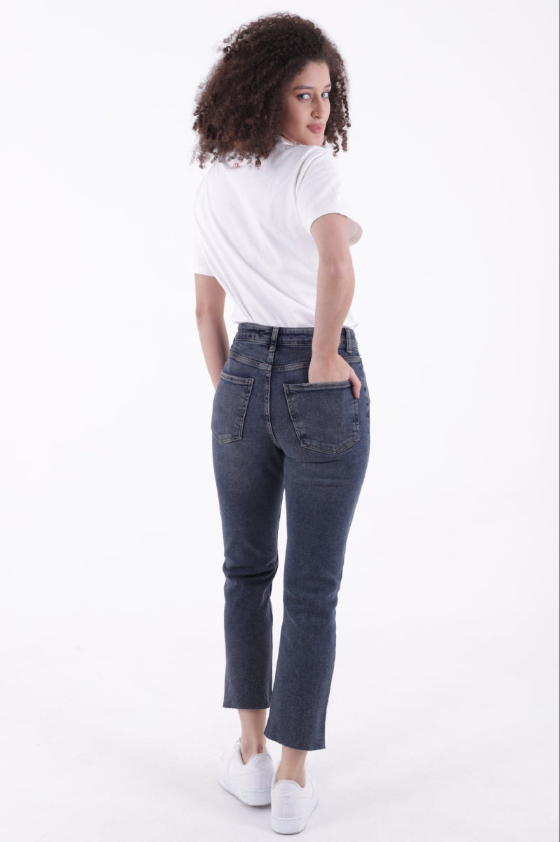 Dikişsiz Paça Mom Fit Kot Pantolon - Koyu Mavi Kar Yıkama Tintli - (32-36) - 3