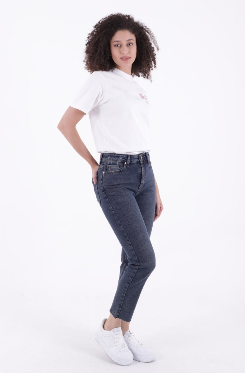 Dikişsiz Paça Mom Fit Kot Pantolon - Koyu Mavi Kar Yıkama Tintli - (32-36) - 4