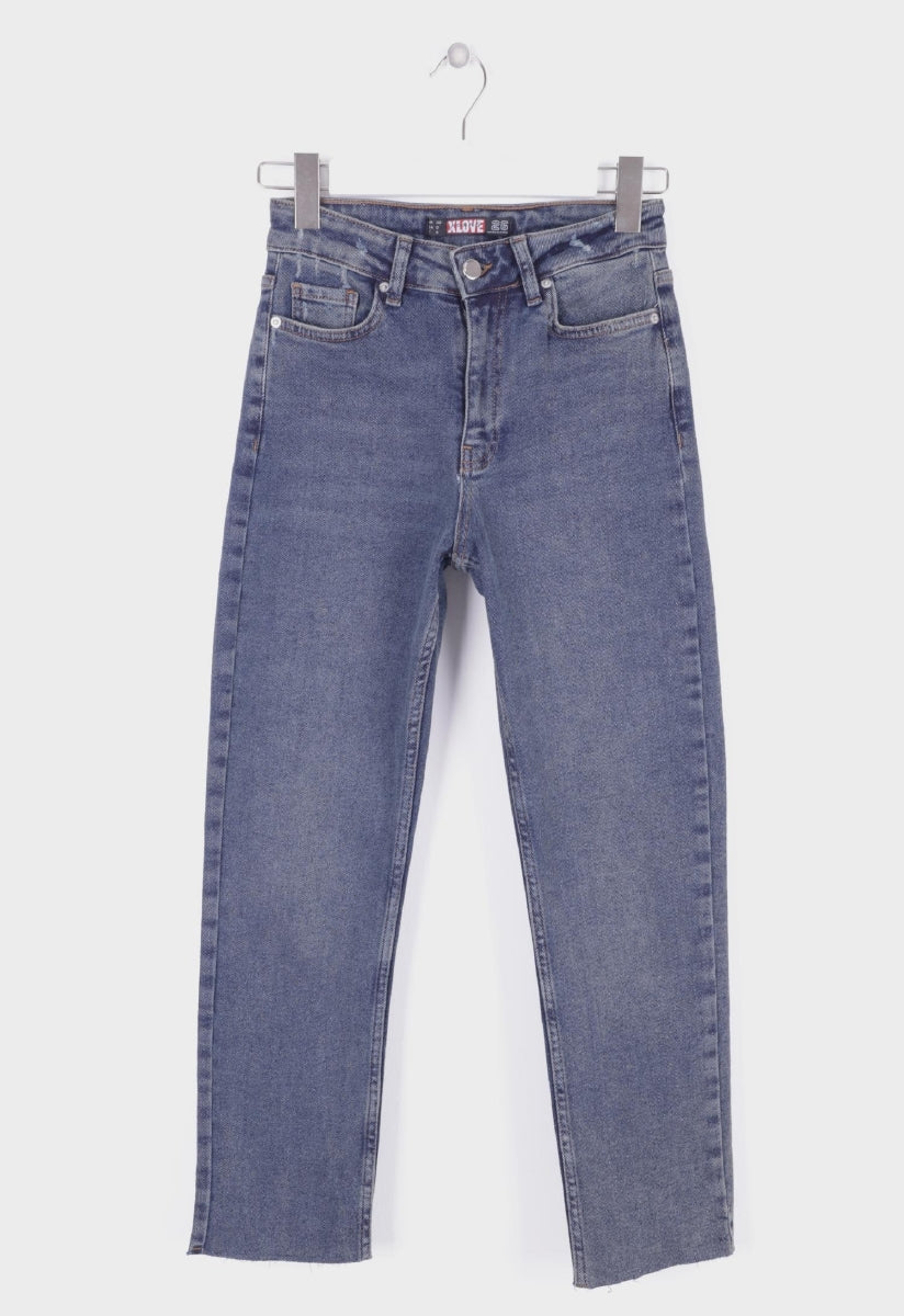 Dikişsiz Paça Mom Fit Kot Pantolon - Koyu Mavi Kar Yıkama Tintli - (32-36) - 6