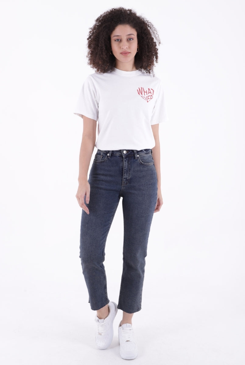 Dikişsiz Paça Mom Fit Kot Pantolon Koyu Mavi Kar Yıkama Tintli