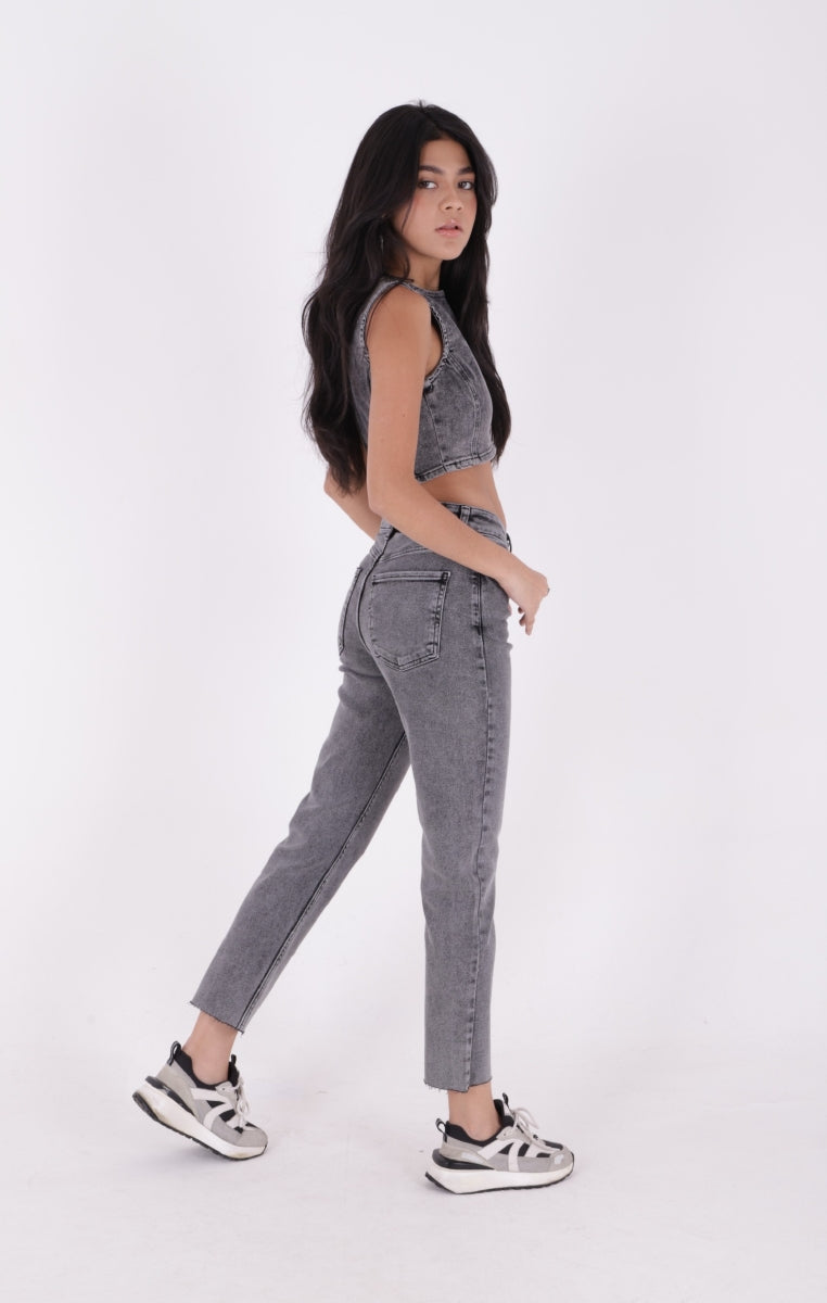 Dikişsiz Paça Mom Fit Kot Pantolon - Gri Kar Yıkama - (26-29) - 2