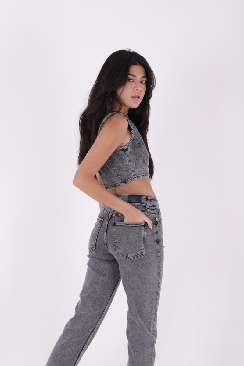 Dikişsiz Paça Mom Fit Kot Pantolon - Gri Kar Yıkama - (28-33) - 4