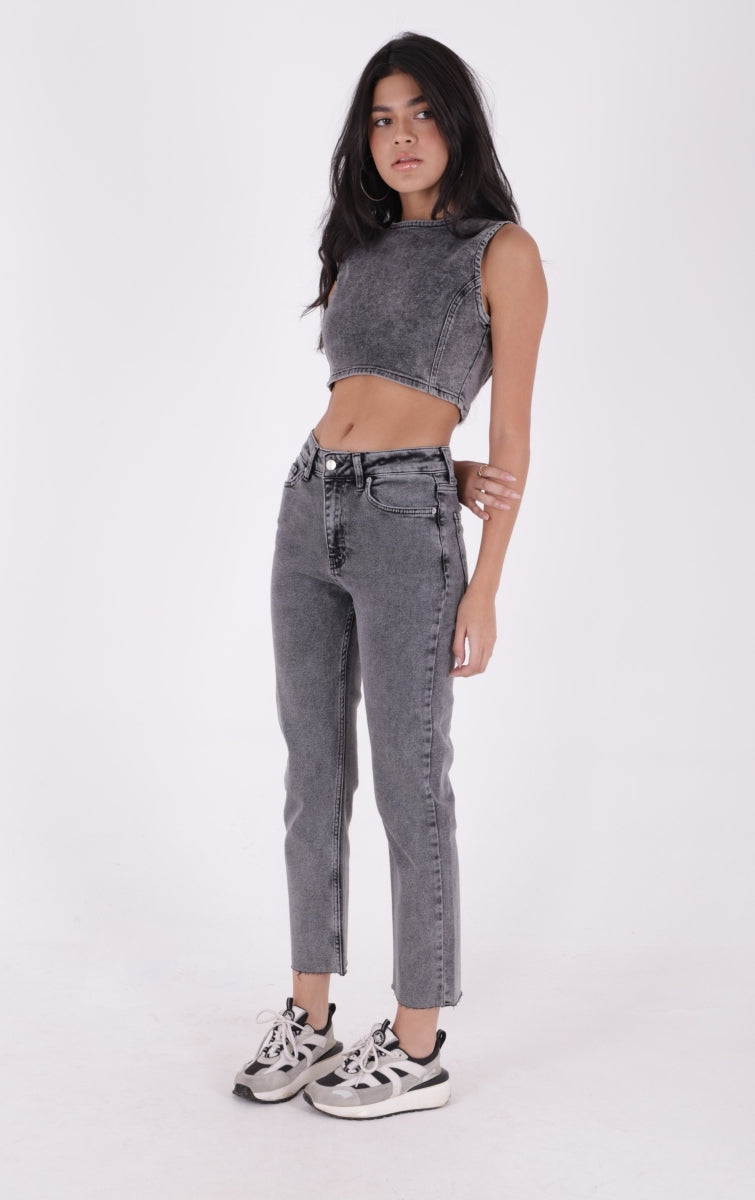 Dikişsiz Paça Mom Fit Kot Pantolon - Gri Kar Yıkama - (28-33) - 5