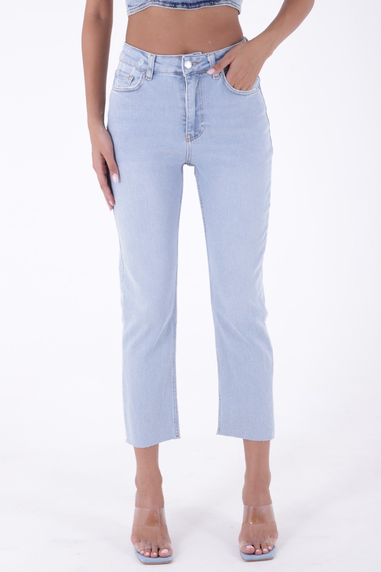 Dikişsiz Paça Mom Fit Kot Pantolon - Buz Mavisi ve Tintli - (26-31) - 2