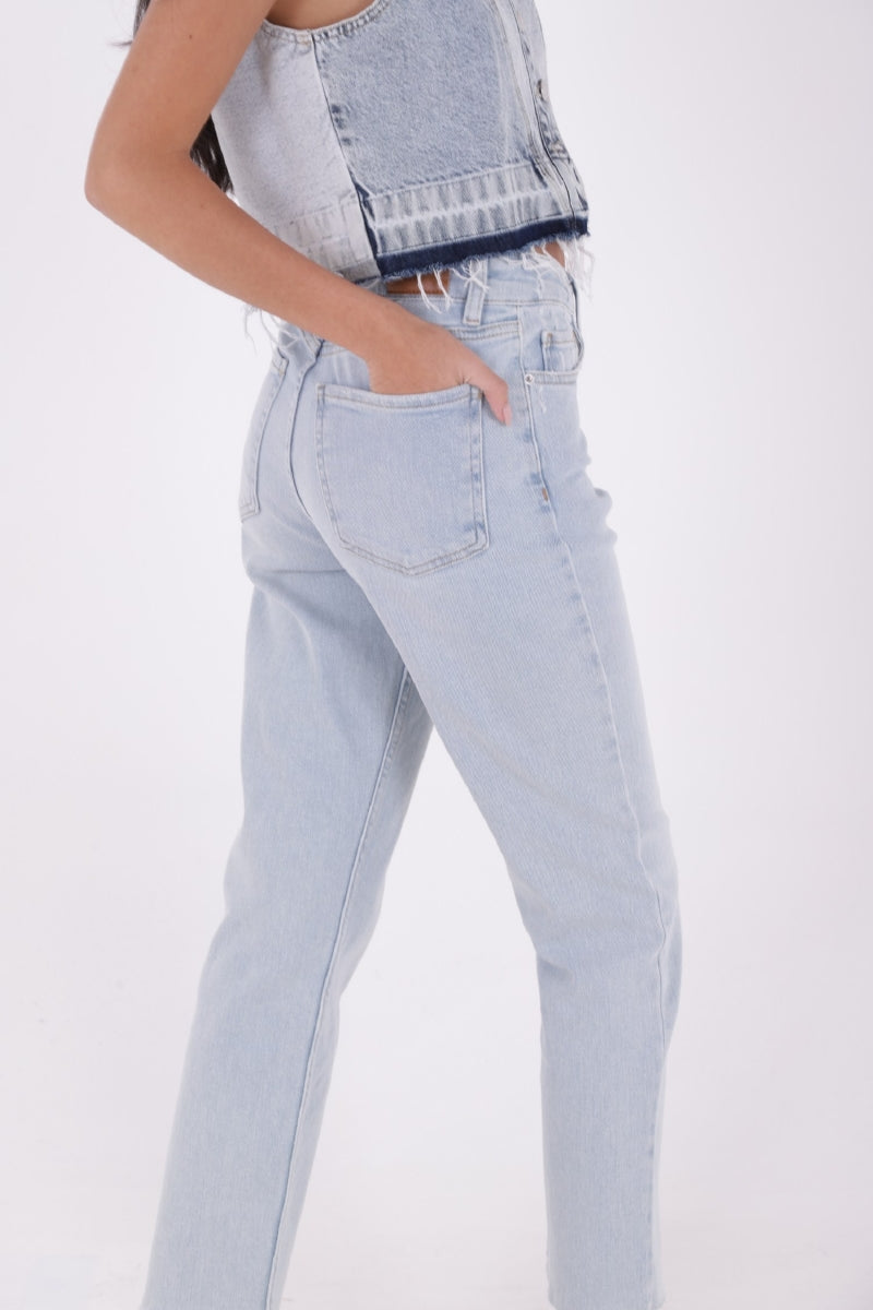 Dikişsiz Paça Mom Fit Kot Pantolon - Buz Mavisi ve Tintli - (28-33) - 3