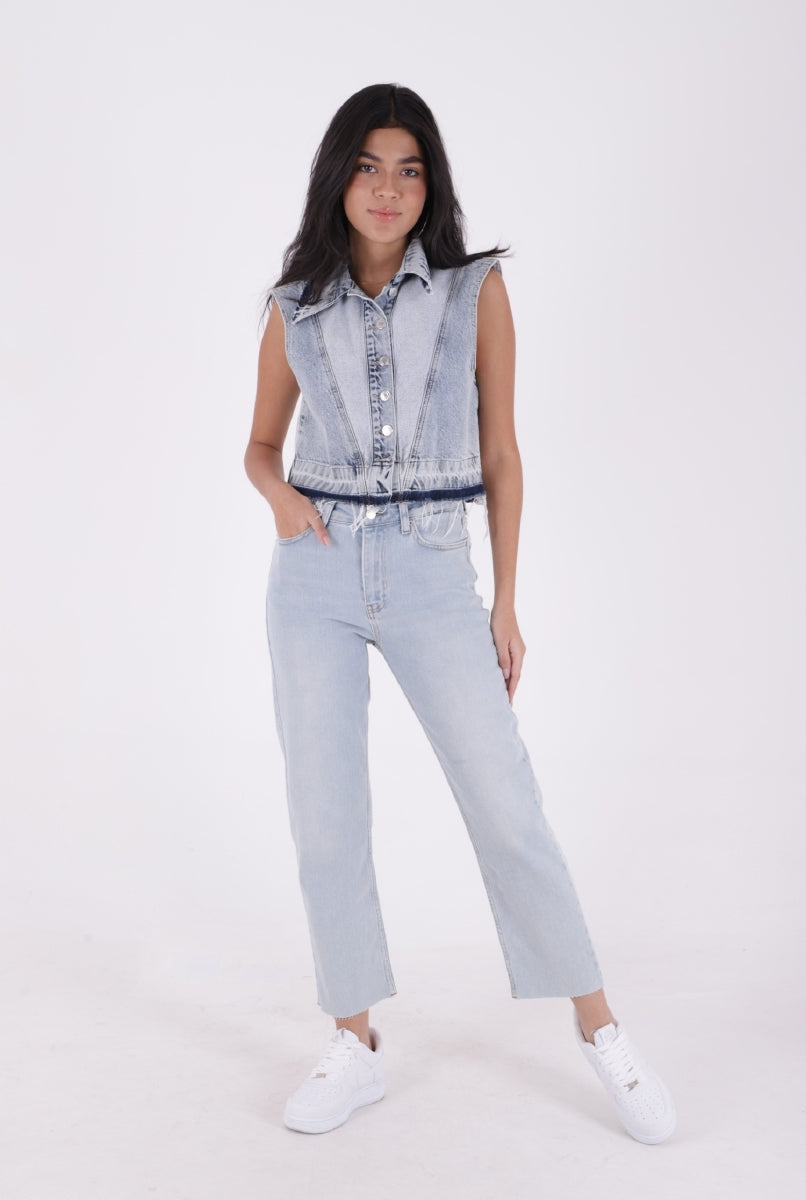 Dikişsiz Paça Mom Fit Kot Pantolon Buz Mavisi ve Tintli