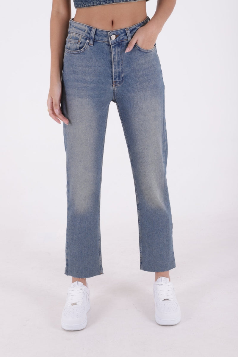 Dikişsiz Paça Mom Fit Kot Pantolon - Orta Mavi ve Tintli - (26-28) - 2