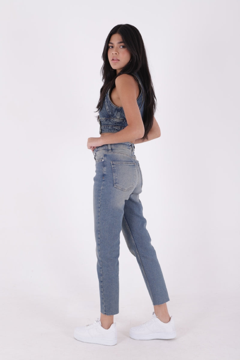 Dikişsiz Paça Mom Fit Kot Pantolon - Orta Mavi ve Tintli - (26-28) - 3