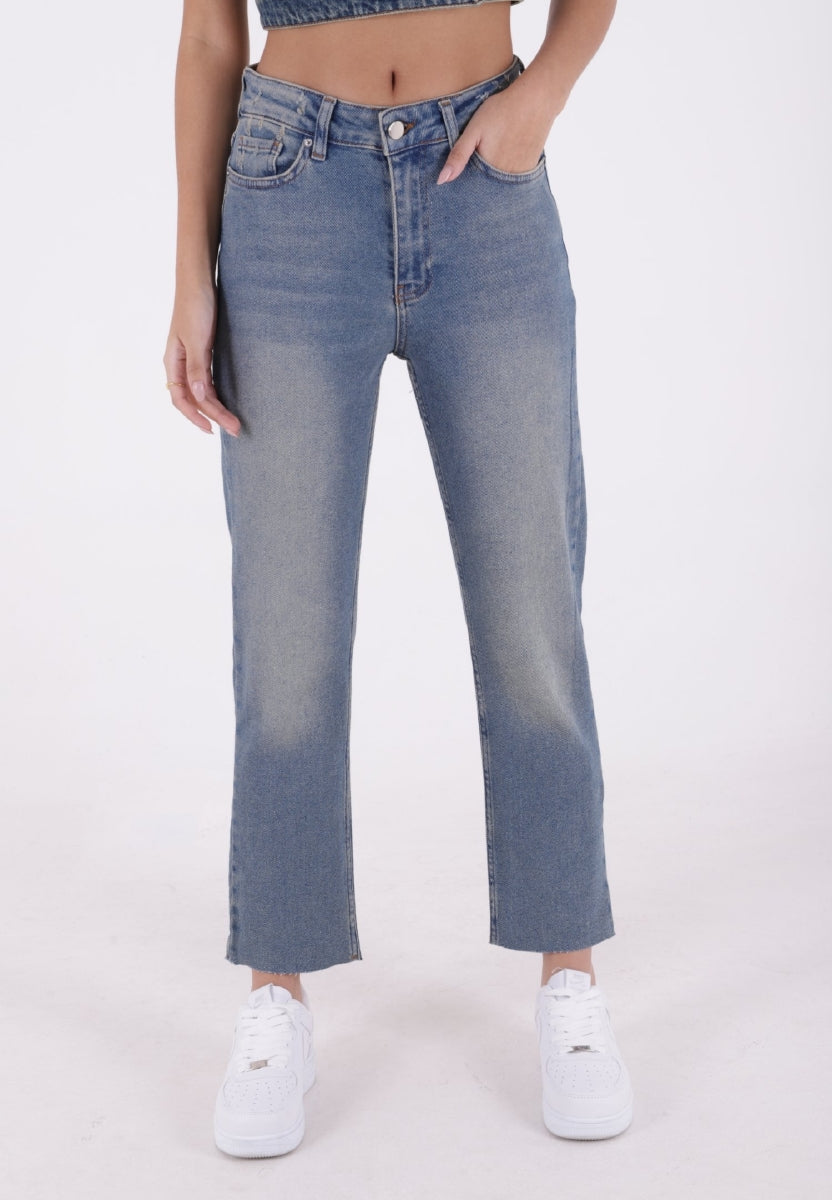 Dikişsiz Paça Mom Fit Kot Pantolon - Orta Mavi ve Tintli - (26-29) - 2
