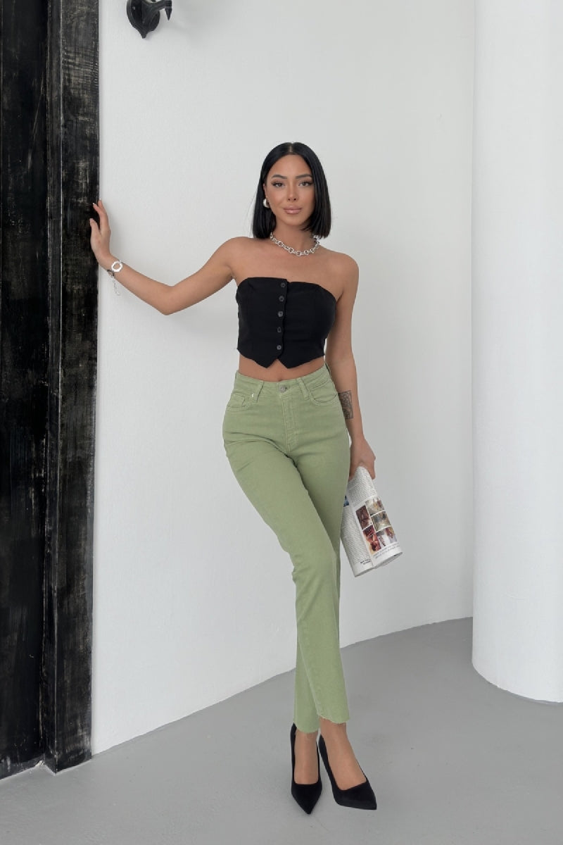 Dikişsiz Paça Mom Fit Kot Pantolon - Çağla - (26-31) - 5