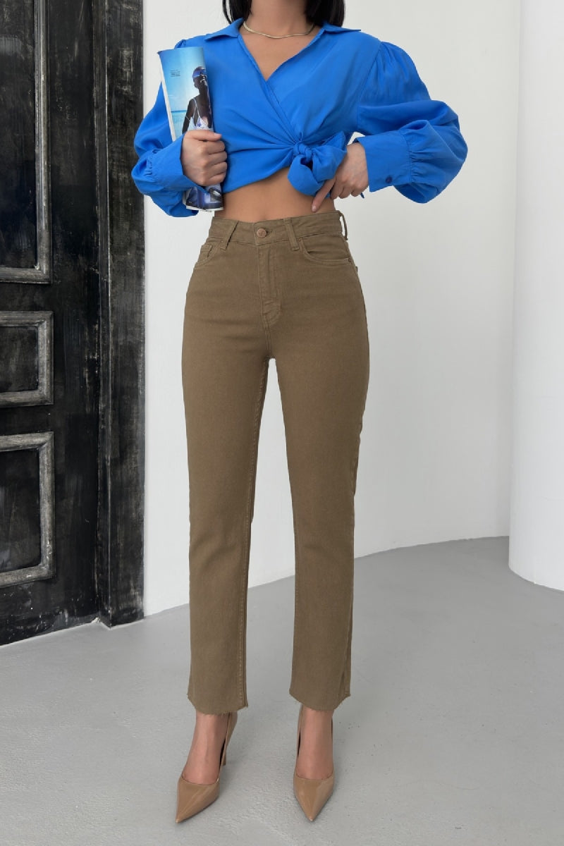 Dikişsiz Paça Mom Fit Kot Pantolon - Toprak - (26-31) - 5