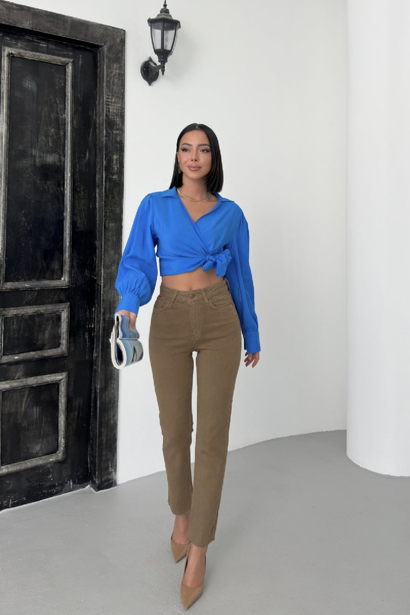 Dikişsiz Paça Mom Fit Kot Pantolon - Toprak - (28-33) - 2