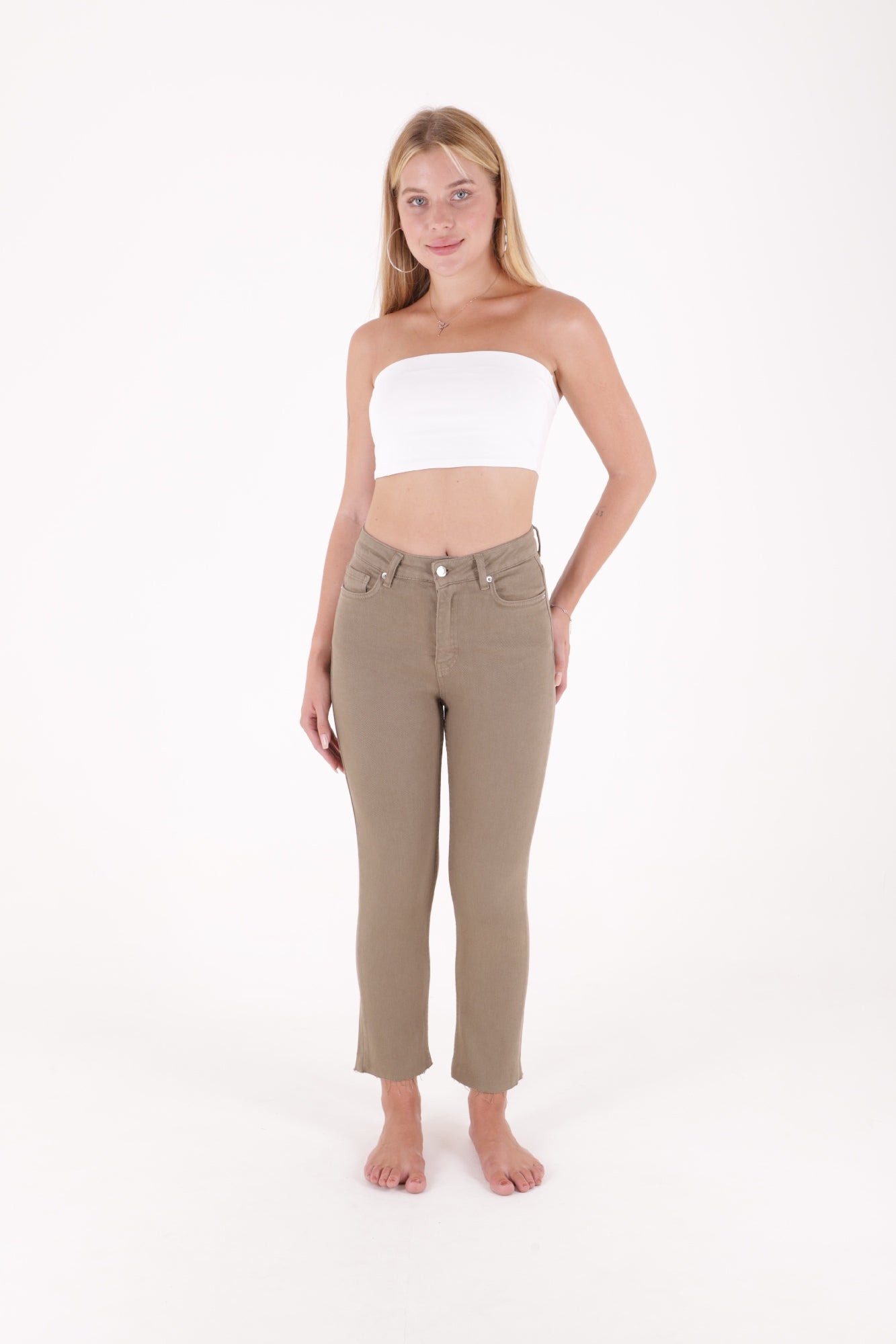 Dikişsiz Paça Mom Fit Kot Pantolon Yeşil