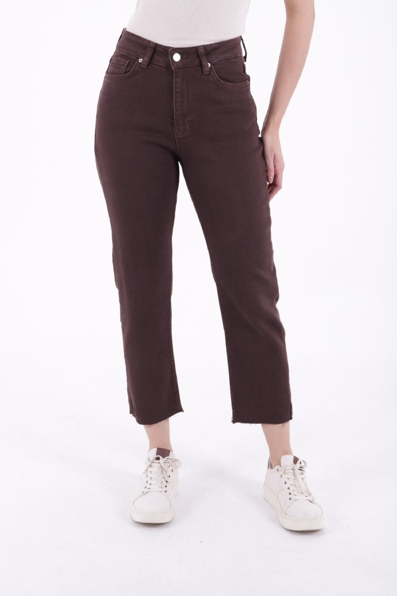 Dikişsiz Paça Mom Fit Kot Pantolon - Kahverengi - (26-29) - 2