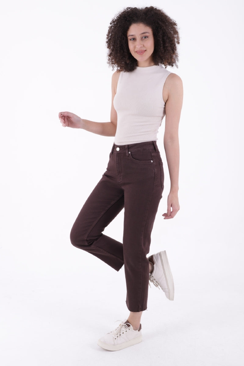 Dikişsiz Paça Mom Fit Kot Pantolon - Kahverengi - (26-29) - 4