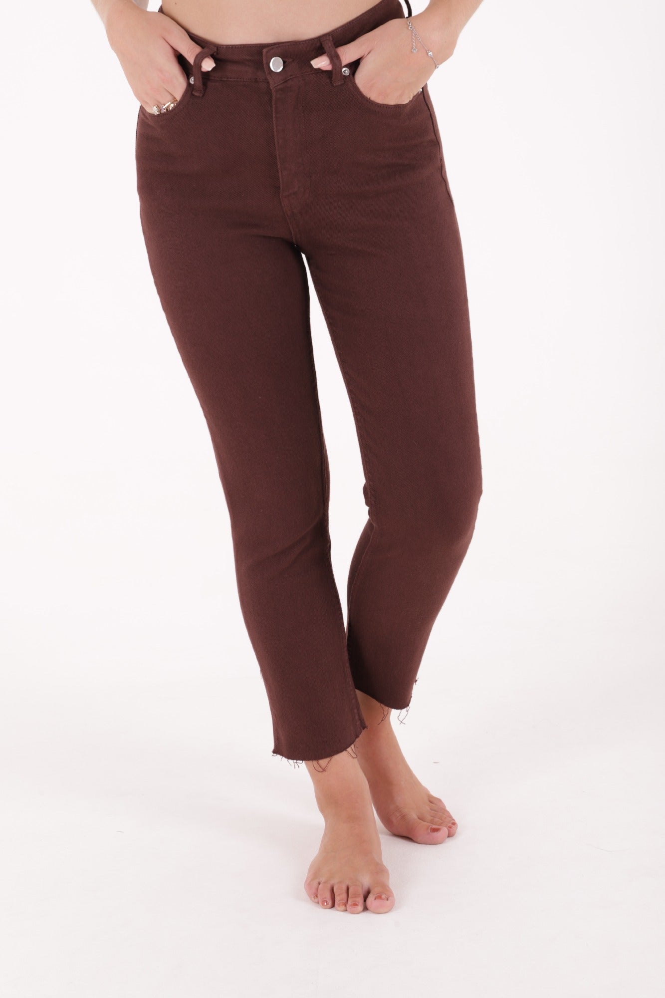Dikişsiz Paça Mom Fit Kot Pantolon - Kahverengi - (26-31) - 2