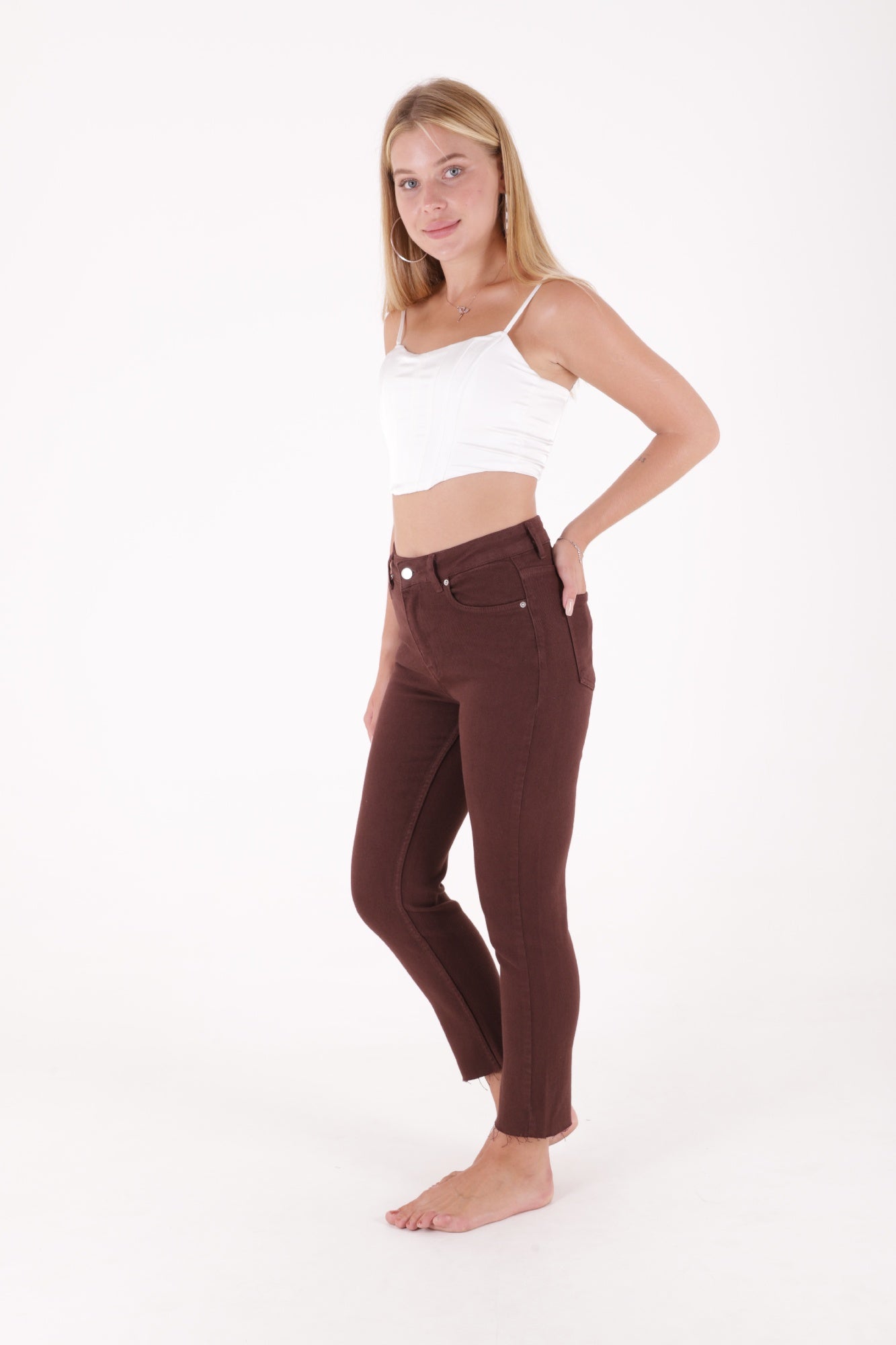 Dikişsiz Paça Mom Fit Kot Pantolon - Kahverengi - (28-33) - 4