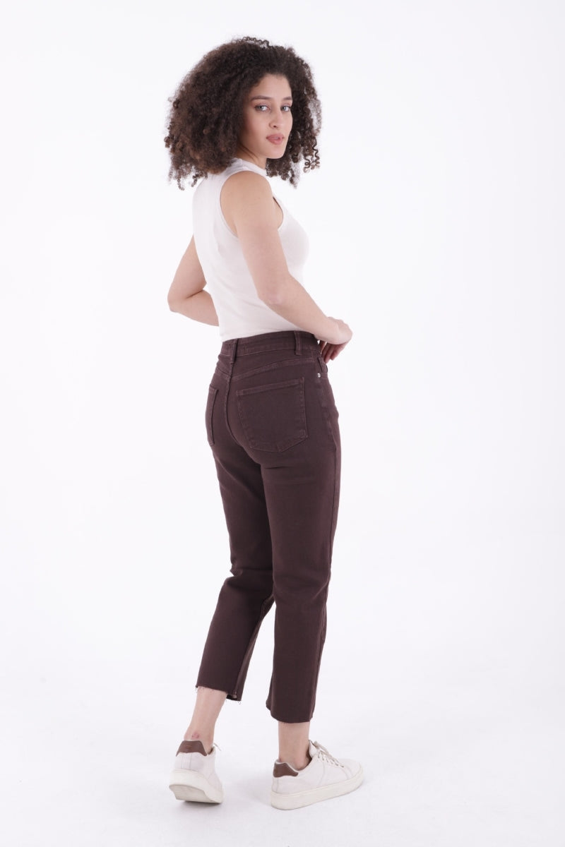 Dikişsiz Paça Mom Fit Kot Pantolon - Kahverengi - (30-33) - 3