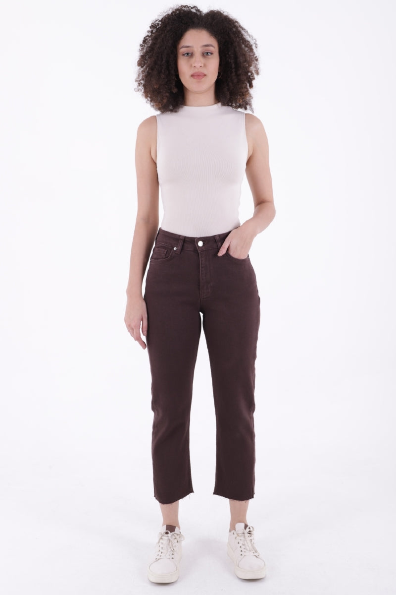 Dikişsiz Paça Mom Fit Kot Pantolon Kahverengi