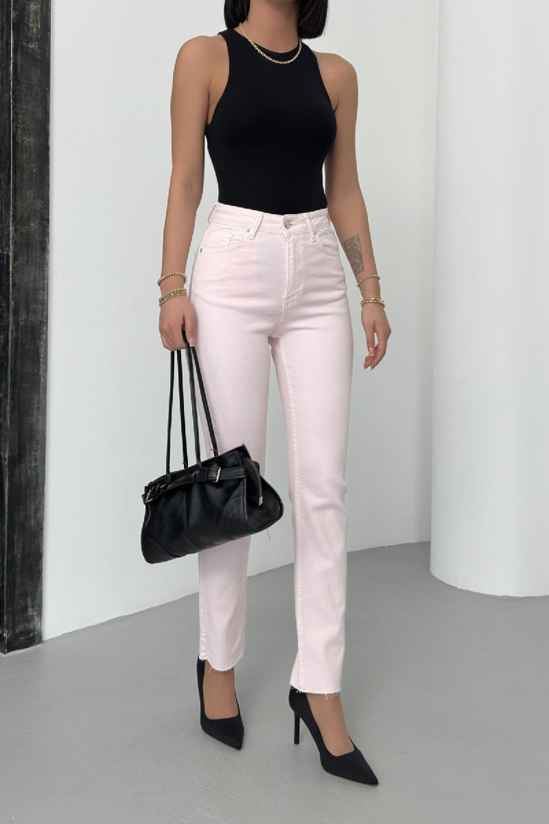 Dikişsiz Paça Mom Fit Kot Pantolon - Pudra Pembe - (28-33) - 3