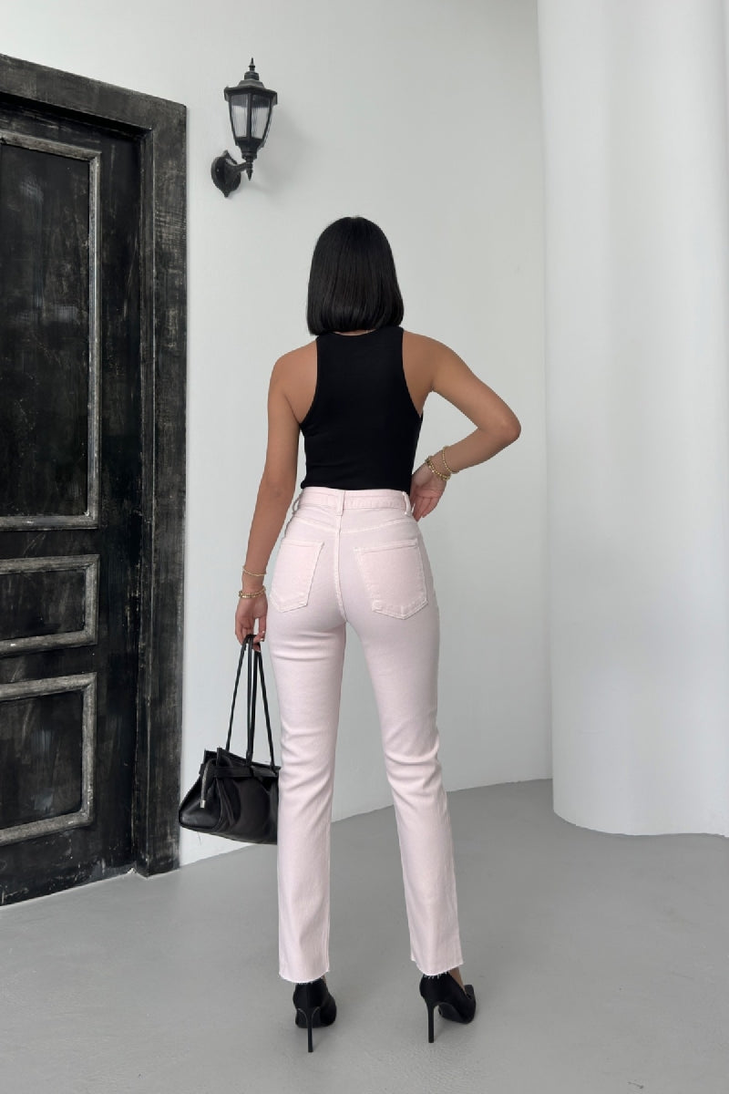 Dikişsiz Paça Mom Fit Kot Pantolon - Pudra Pembe - (28-33) - 4