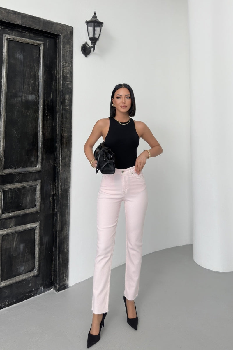 Dikişsiz Paça Mom Fit Kot Pantolon - Pudra Pembe - (28-33) - 6