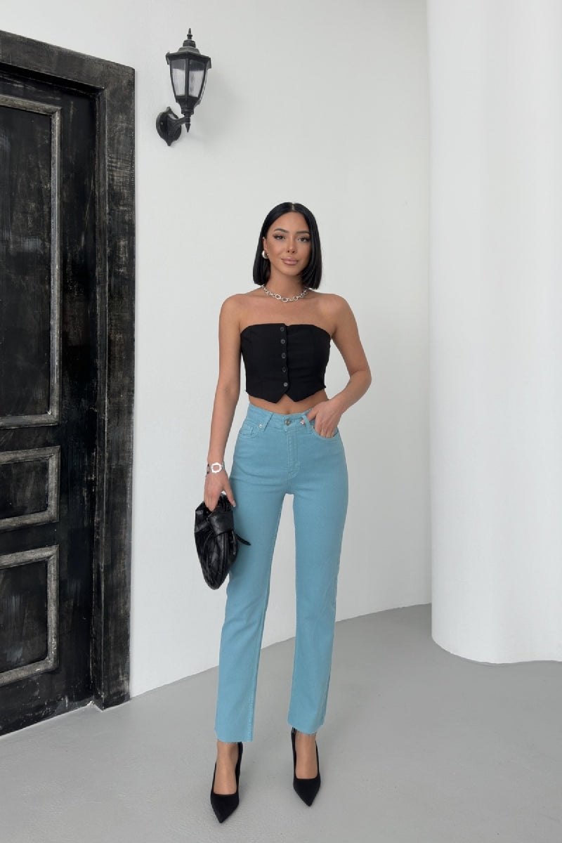 Dikişsiz Paça Mom Fit Kot Pantolon - Aqua Mavi - (26-31) - 3
