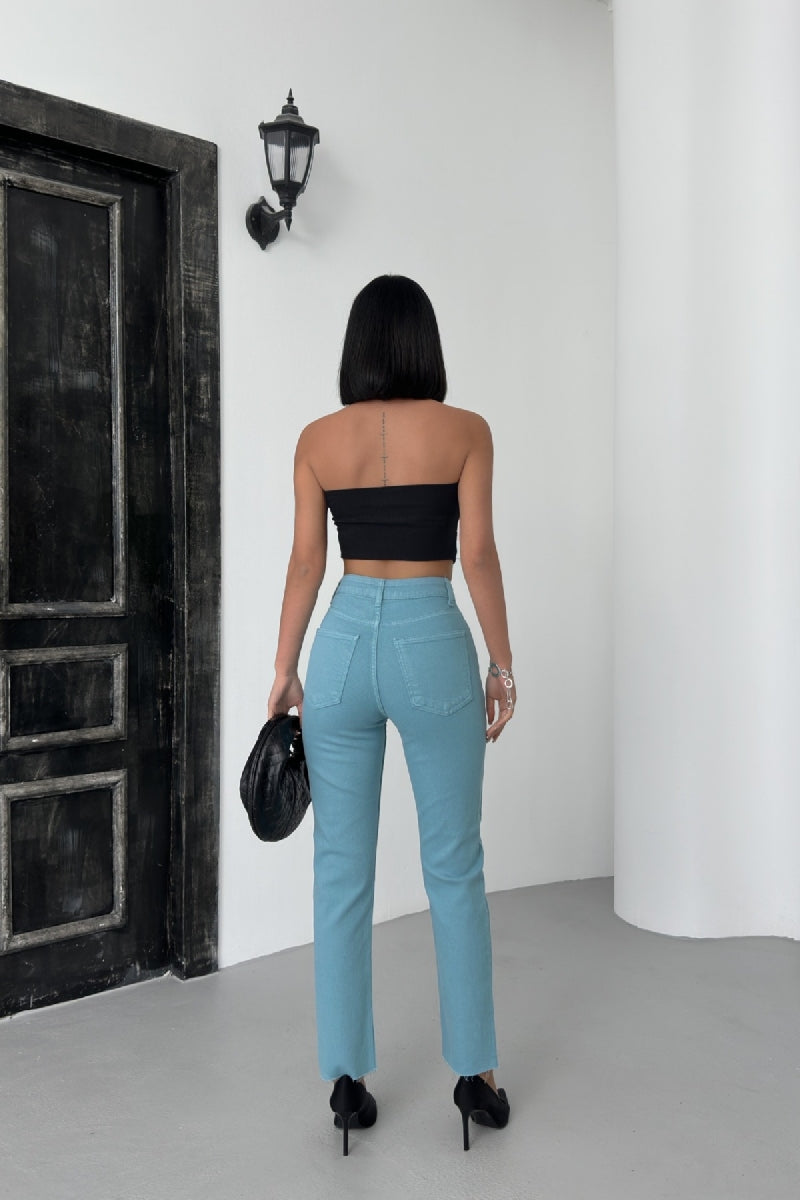 Dikişsiz Paça Mom Fit Kot Pantolon - Aqua Mavi - (26-31) - 4
