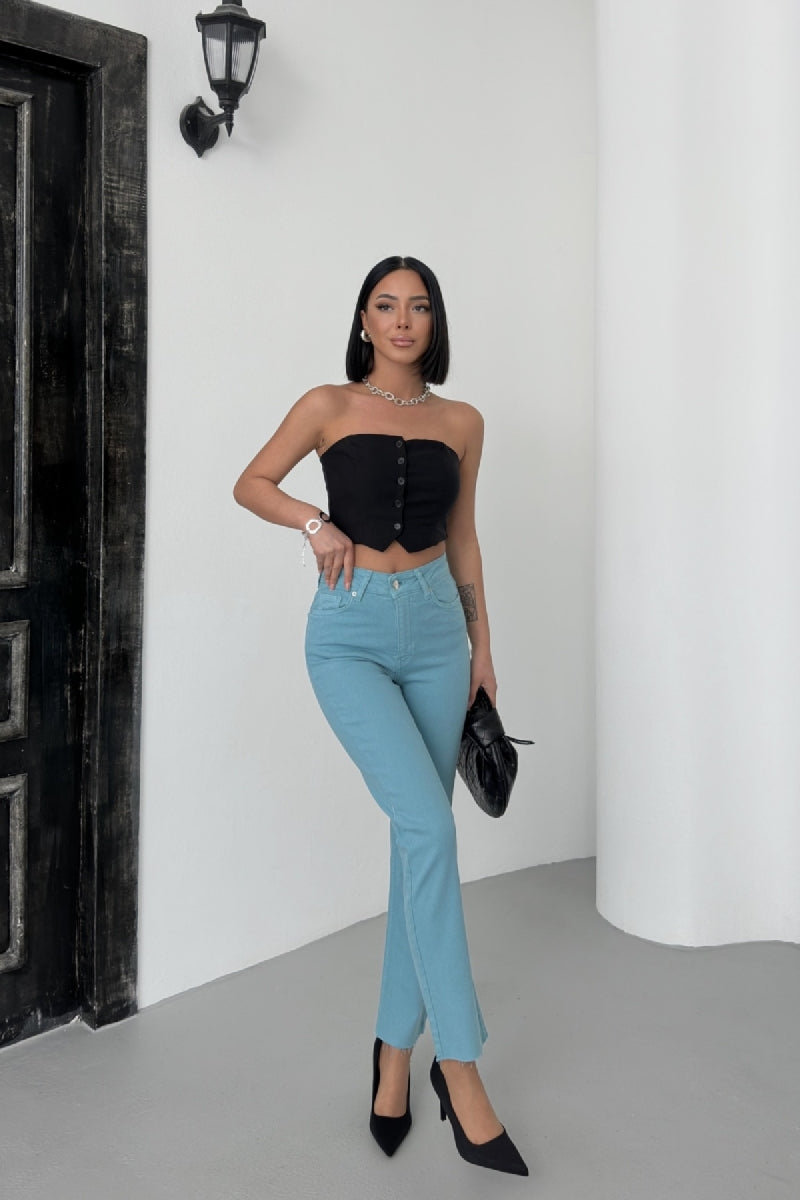 Dikişsiz Paça Mom Fit Kot Pantolon - Aqua Mavi - (26-31) - 5