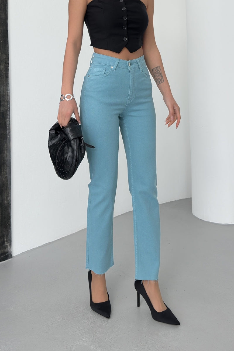 Dikişsiz Paça Mom Fit Kot Pantolon - Aqua Mavi - (28-33) - 2