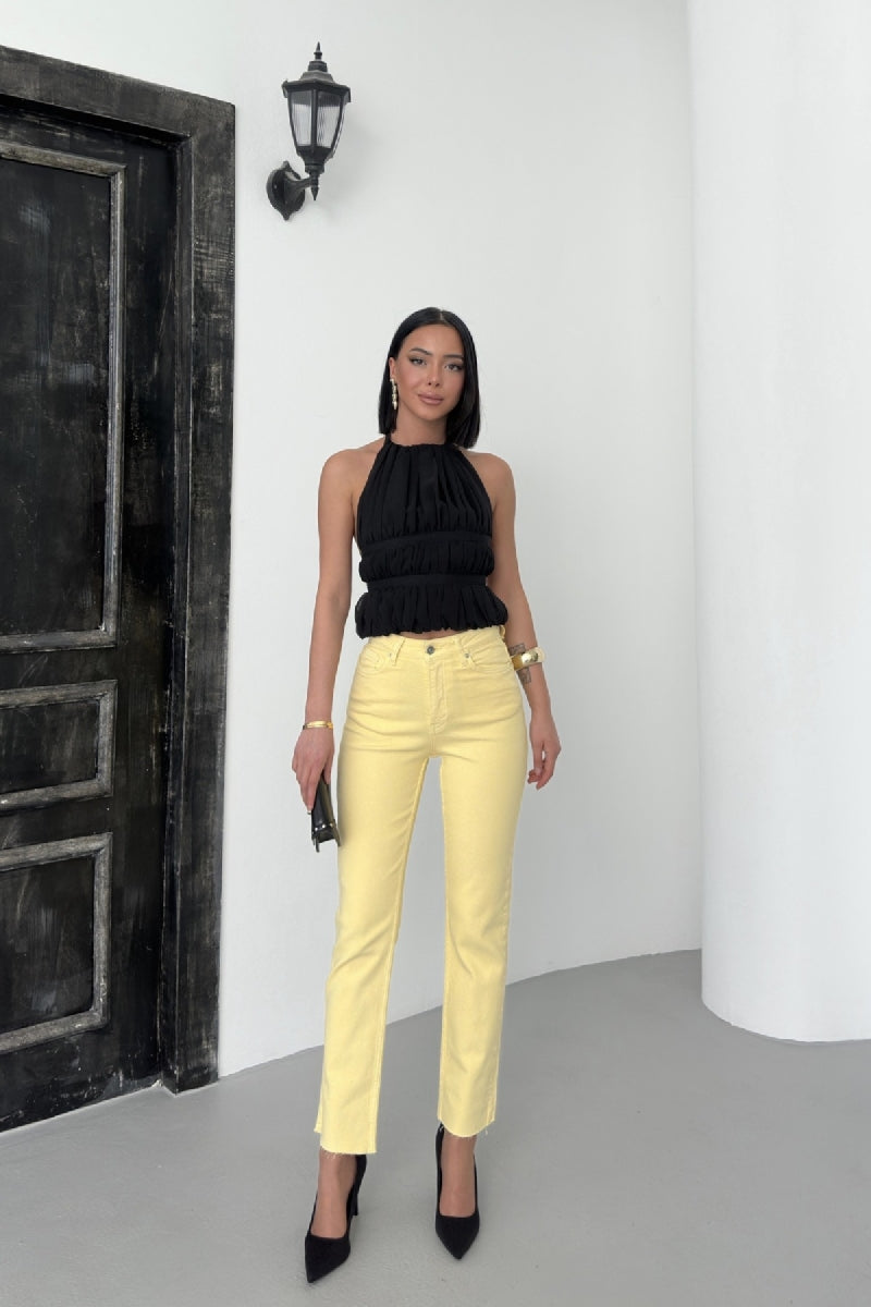 Dikişsiz Paça Mom Fit Kot Pantolon - Açık Sarı - (28-33) - 2
