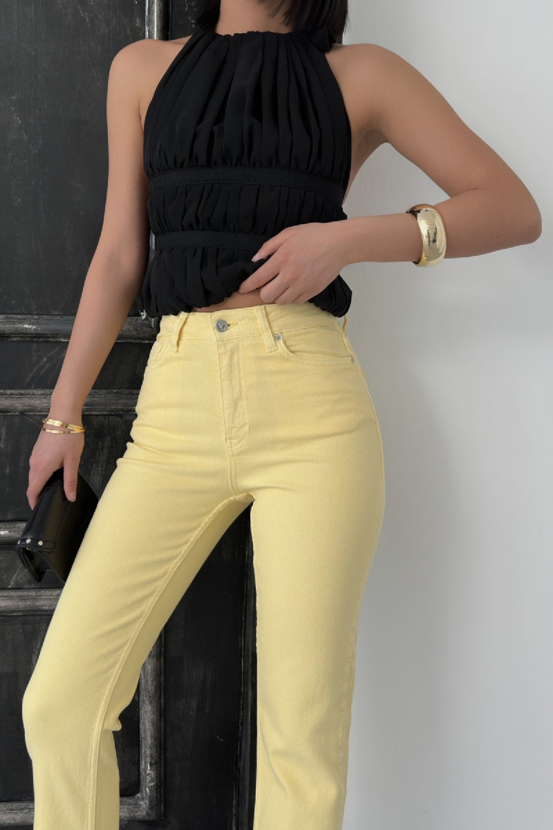 Dikişsiz Paça Mom Fit Kot Pantolon - Açık Sarı - (28-33) - 5