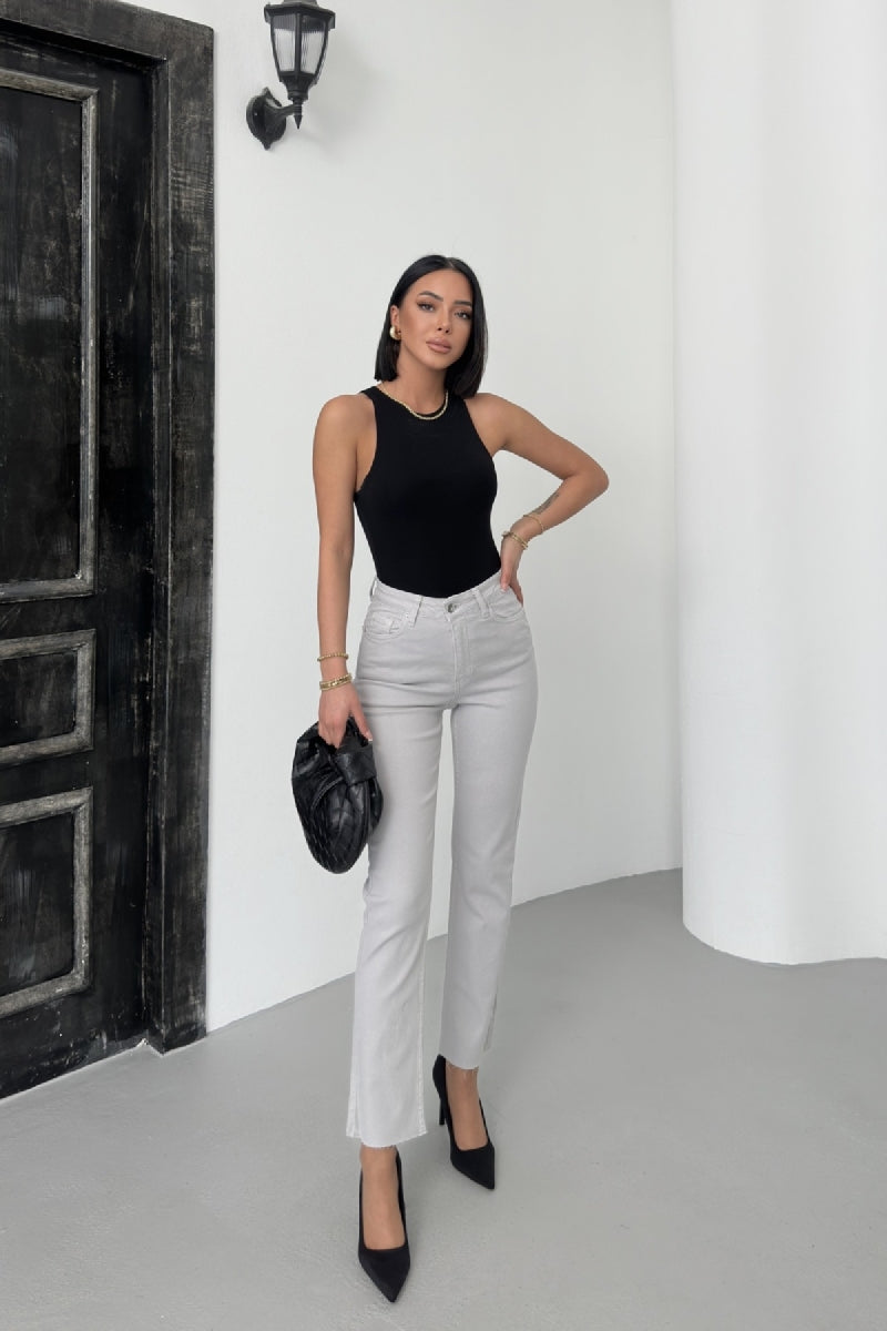 Dikişsiz Paça Mom Fit Kot Pantolon - Açık Gri - (26-31) - 4